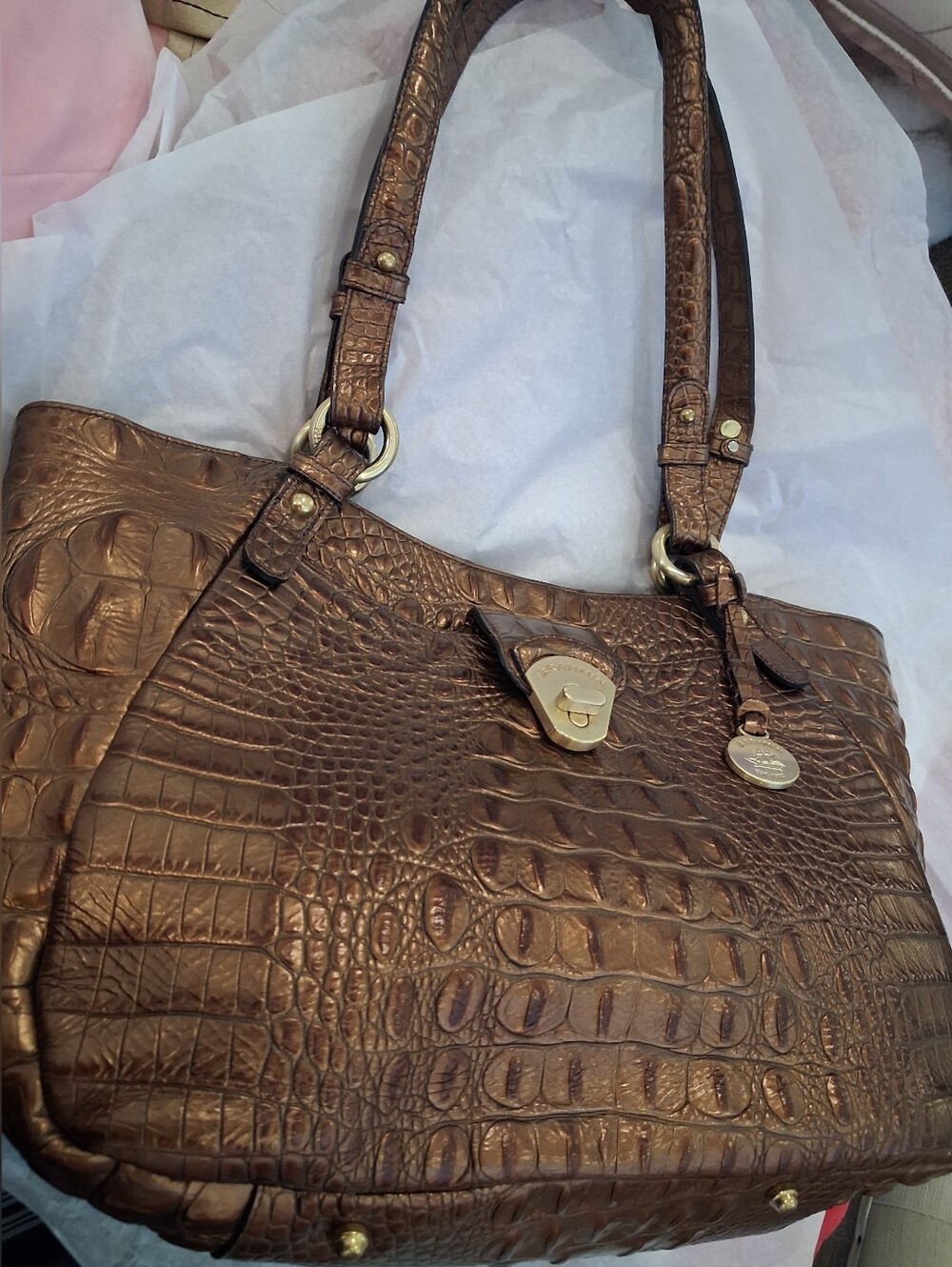 Brahmin Metallic Bronze Croc-Embossed Shoulder Bag